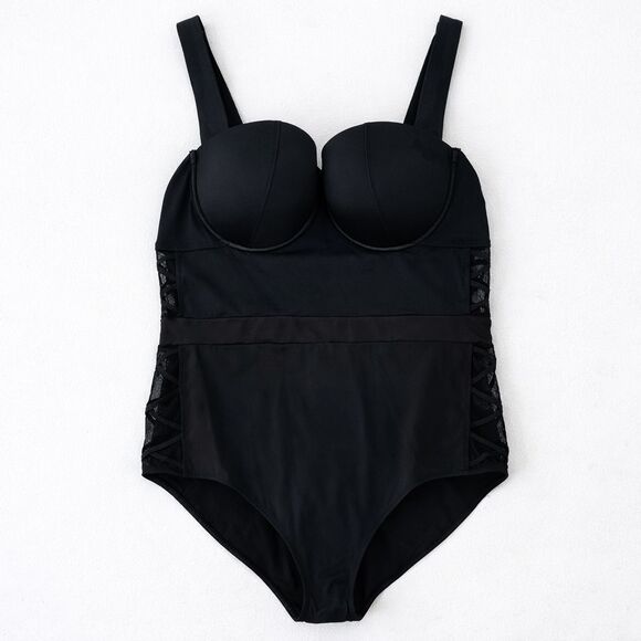 Torrid Swimsuit Size 3x Lattice Mesh Side Underwire Bra 1-Piece Black Swim Suit - Picture 2 of 9